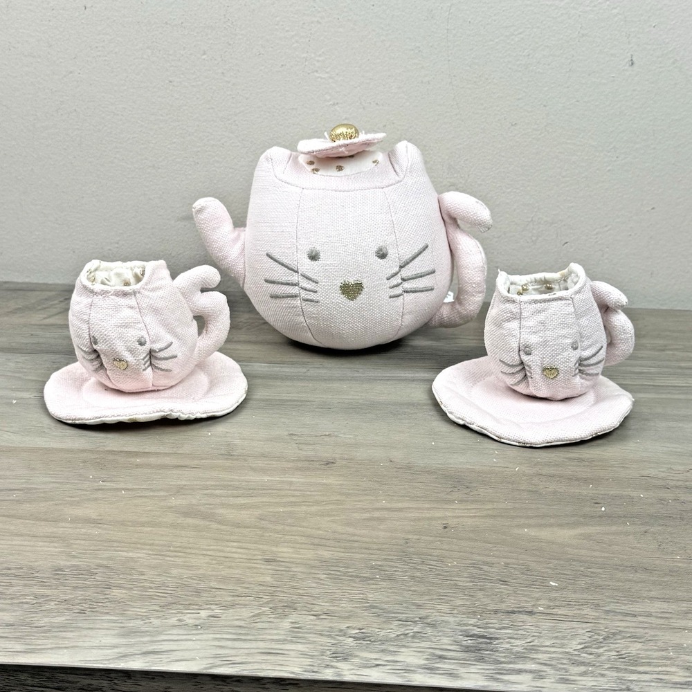 Pottery Barn Kids Fabric Tea Set Plush Toy Pink Gold Cat Teapot Cups Mugs Saucer
